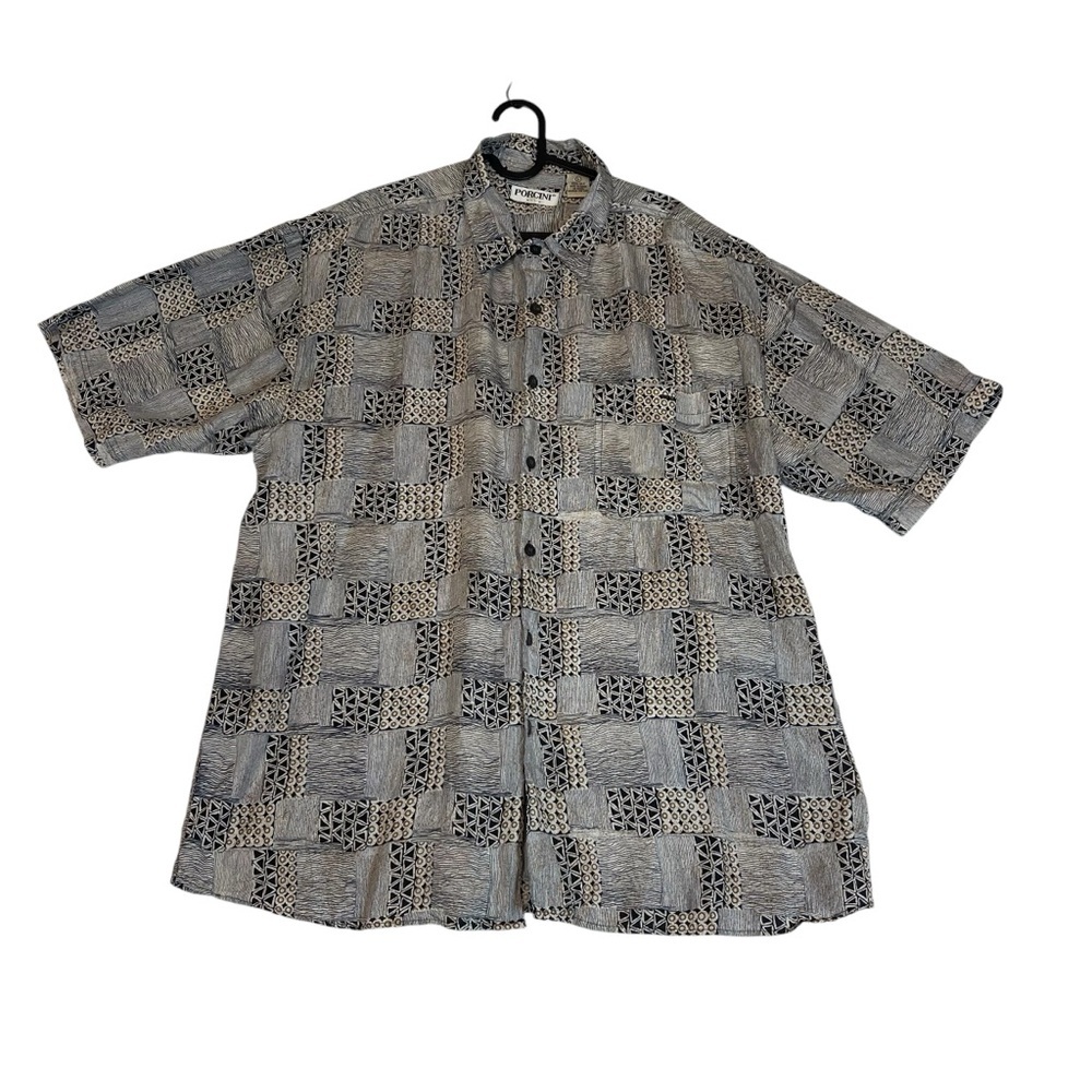 Men’s Vintage Porcini 100% Silk‎ Black and White Patterned Shirt L *K0188
